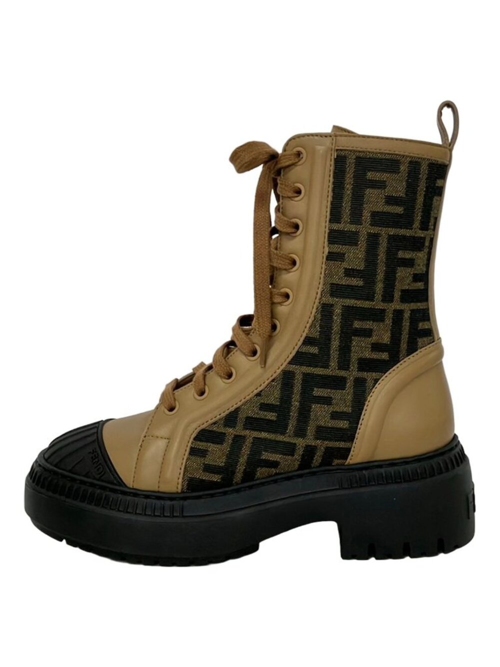 Fendi Short Boots Khaki Light Brown Black Zucca Pattern Leather 36
